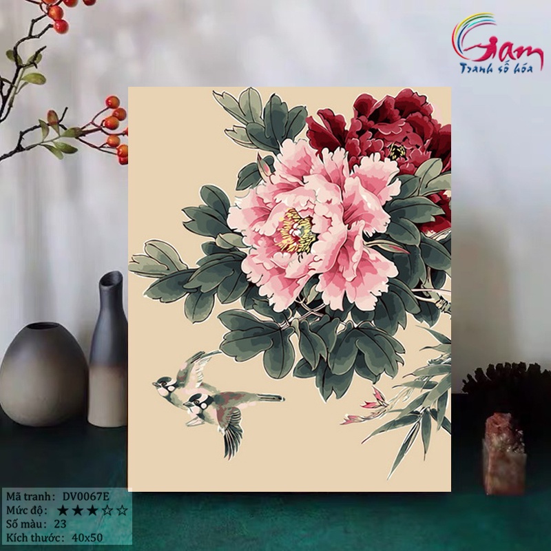 Tranh sơn dầu số hoá Gam chim và hoa mẫu đơn căng khung 40x50cm DV0067E