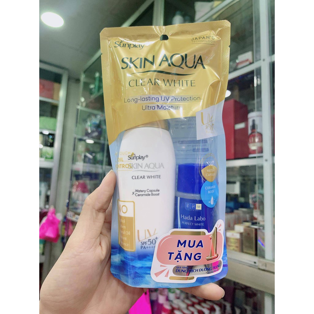 Kem chống nắng Skin Aqua nắp vàng Sunplay Clear White SPF50+ PA++++ 25g, 55g kiểm soát nhờn và dưỡng da sáng mịn