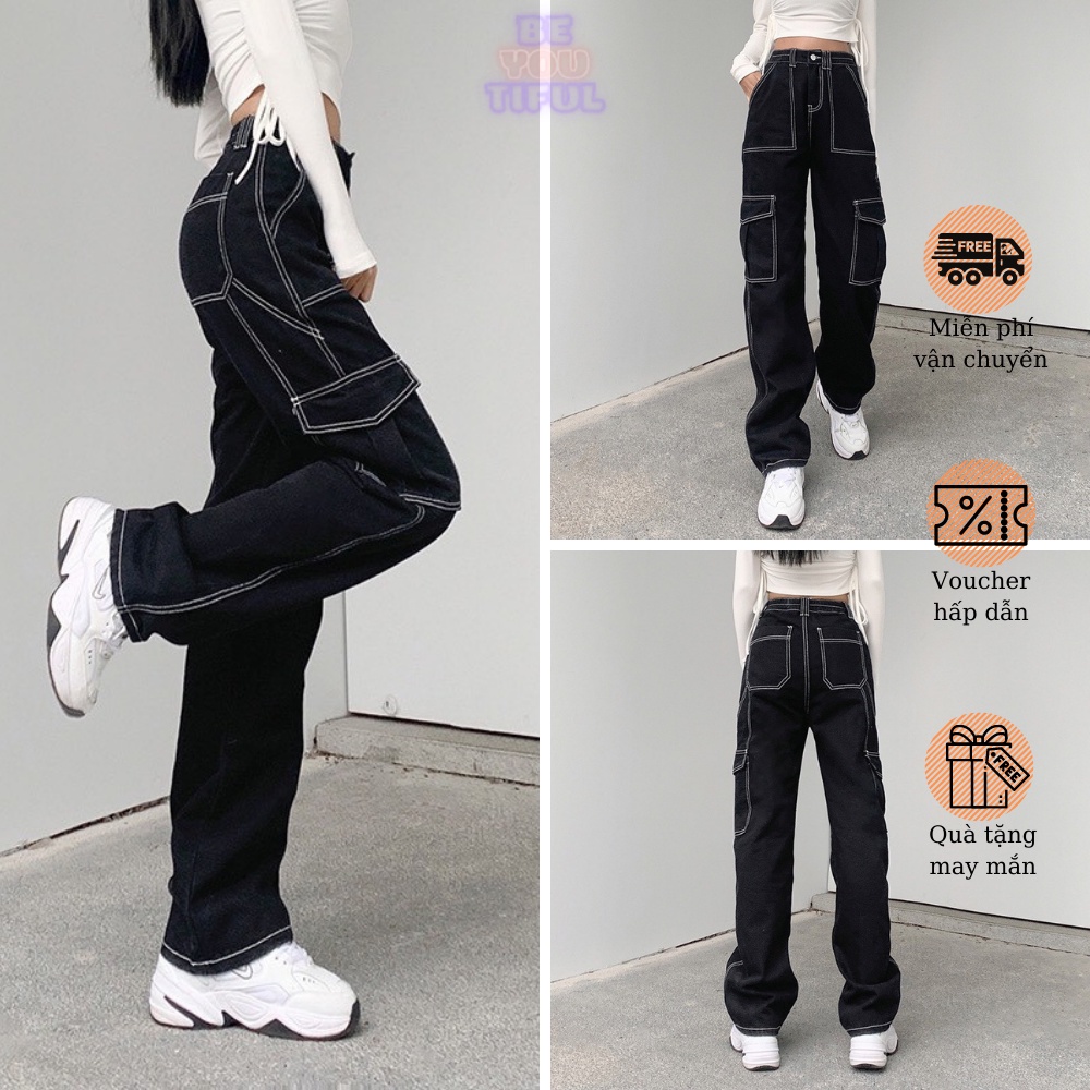 Quần baggy nữ jogger chỉ nổi độc đáo chất vải kaki thô dáng xuông ống rộng