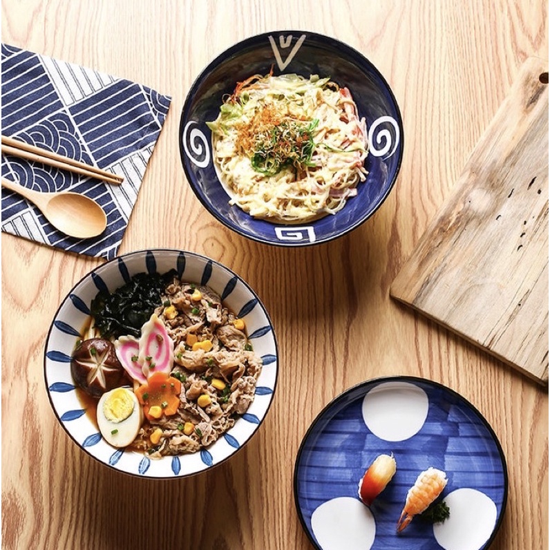 Bộ bát đĩa xanh lam bốn hoạ tiết, bát đĩa phong cách Nhật, bát đĩa decor