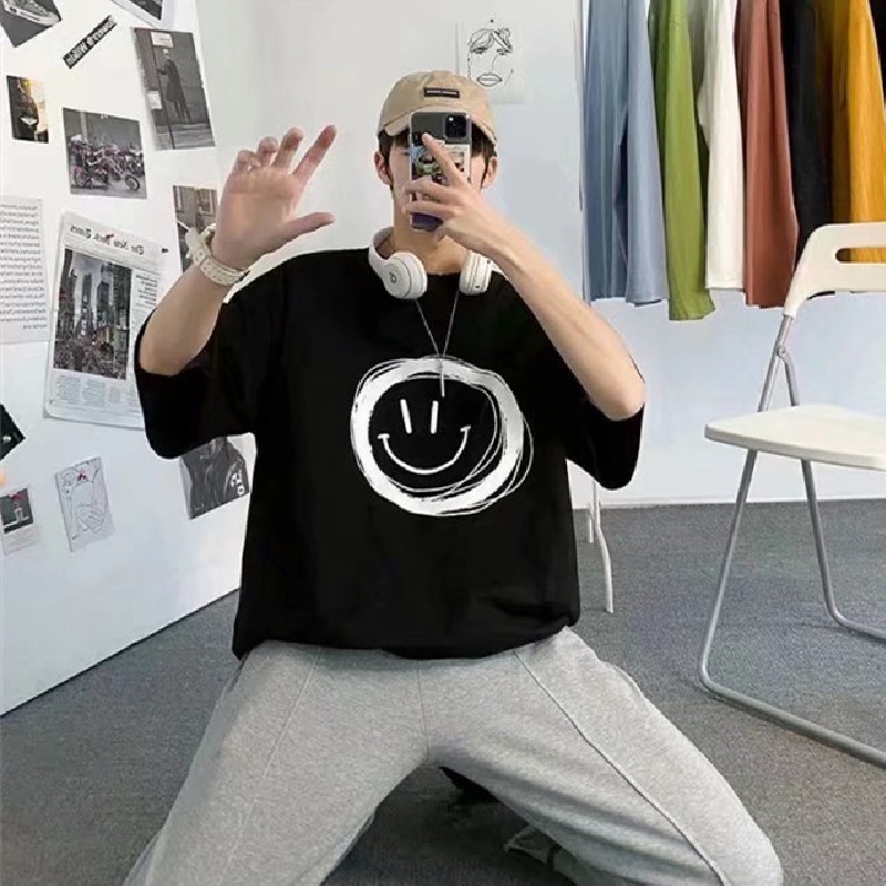Áo Thun Tay Ngắn Dáng Rộng In Hình Biểu Tượng Cảm Xúc Kiểu Hip-Hop Đường Phố Hàn Quốc Cá Tính Cho Nam
