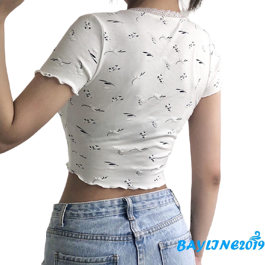 Áo thun tay ngắn phối nút viền ren thời trang Hàn Quốc cho nữ