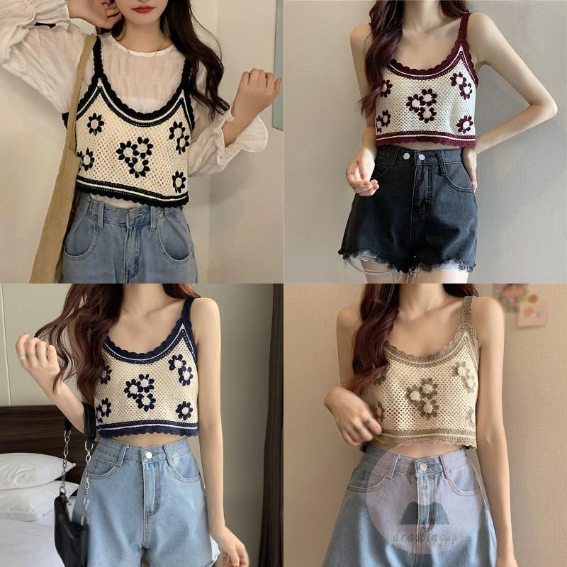 DRE-Women Summer Knitted Camisole,Flower Embroidery Sleeveless Sling Tank Tops