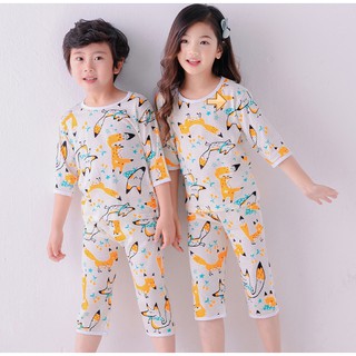 [QUẦN ÁO TRẺ EM]  Bộ cotton sợi tre mặc ở nhà cho bé họa tiết cáo