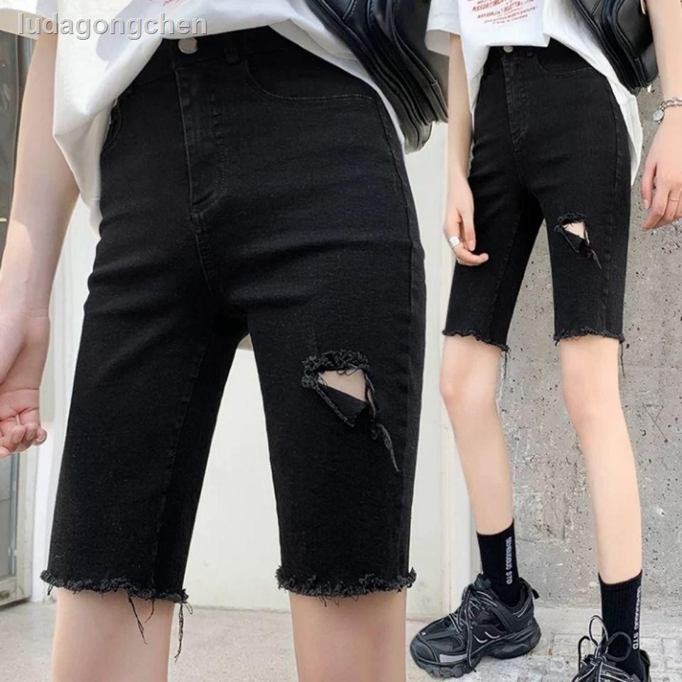 Quần Short Denim Màu Đen Lưng Cao Co Giãn Tốt Thiết Kế Rách Cá Tính | BigBuy360 - bigbuy360.vn