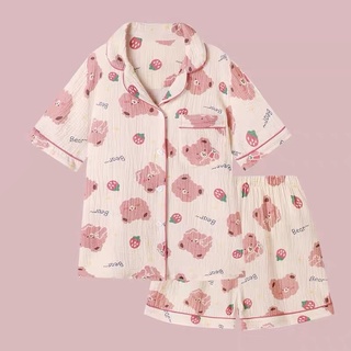 Set pyjama chất muslin hình gấu dâu cute