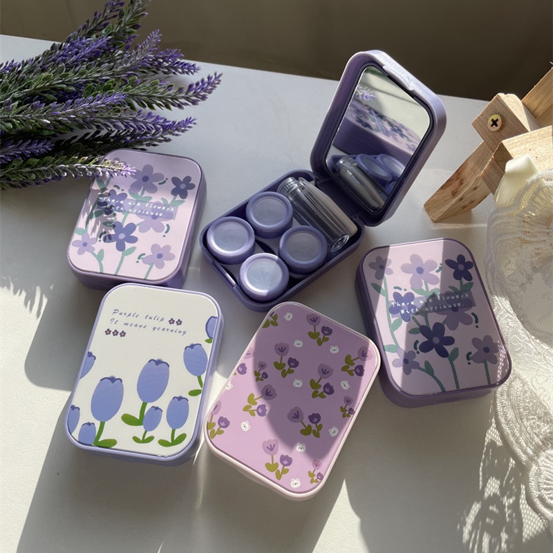 Khay Gương Đôi Hoa Tím Vintage - Case Đựng Lens