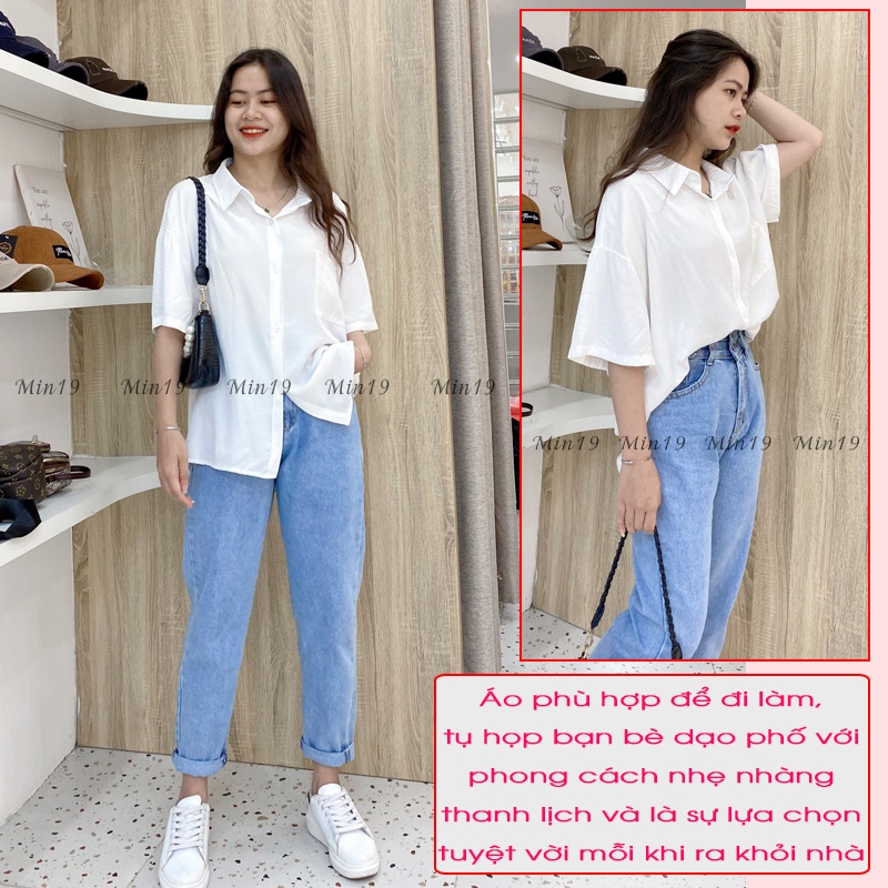 Áo Sơ Mi Nữ Form Rộng MIN19 Sơ Mi Kiểu Công Sở Hàn Quốc Oversize Tay Ngắn Vạt Lệch Màu Trắng Đen Thời Trang | BigBuy360 - bigbuy360.vn