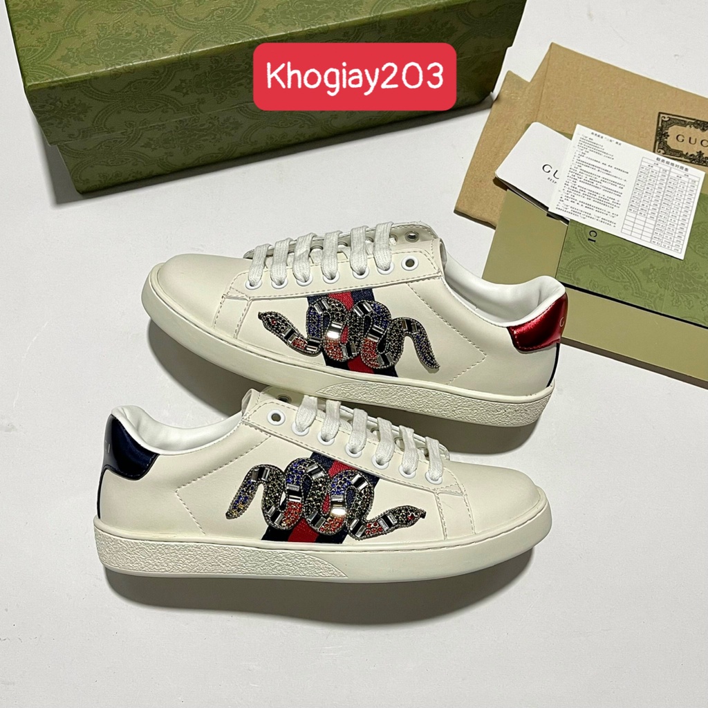 giày Gucci rắn đính đá trắng kem gót 2 màu đế thơm vani cao cấp