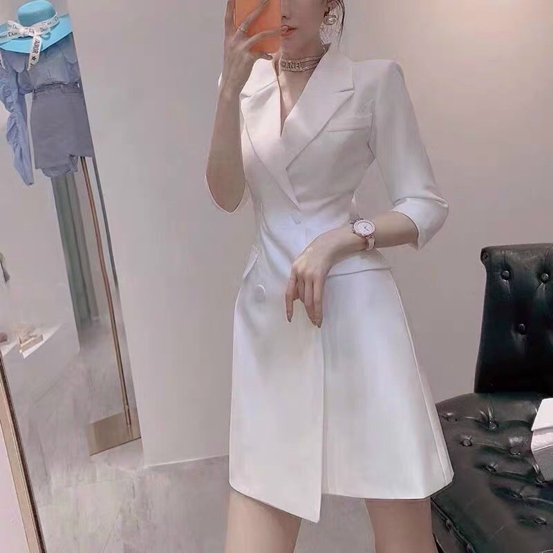 Đầm Cổ Vest ❤️FREESHIP❤️ Tay Ngắn Tà Đắp Chéo Phối Nút