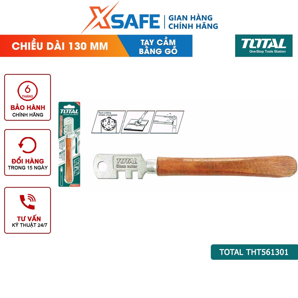 Dao cắt kiếng TOTAL THT561301 | dụng cụ bẻ kính Tay cầm bằng gỗ, Lưỡi cắt kính có 6 bánh cắt, Chiều dài: 130mm
