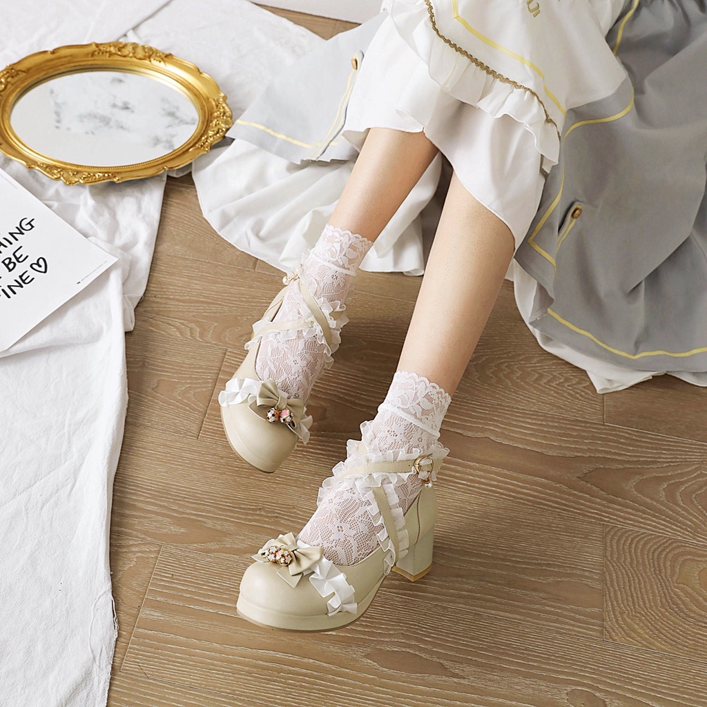 Giày cao gót Lolita nơ ren quý tộc
