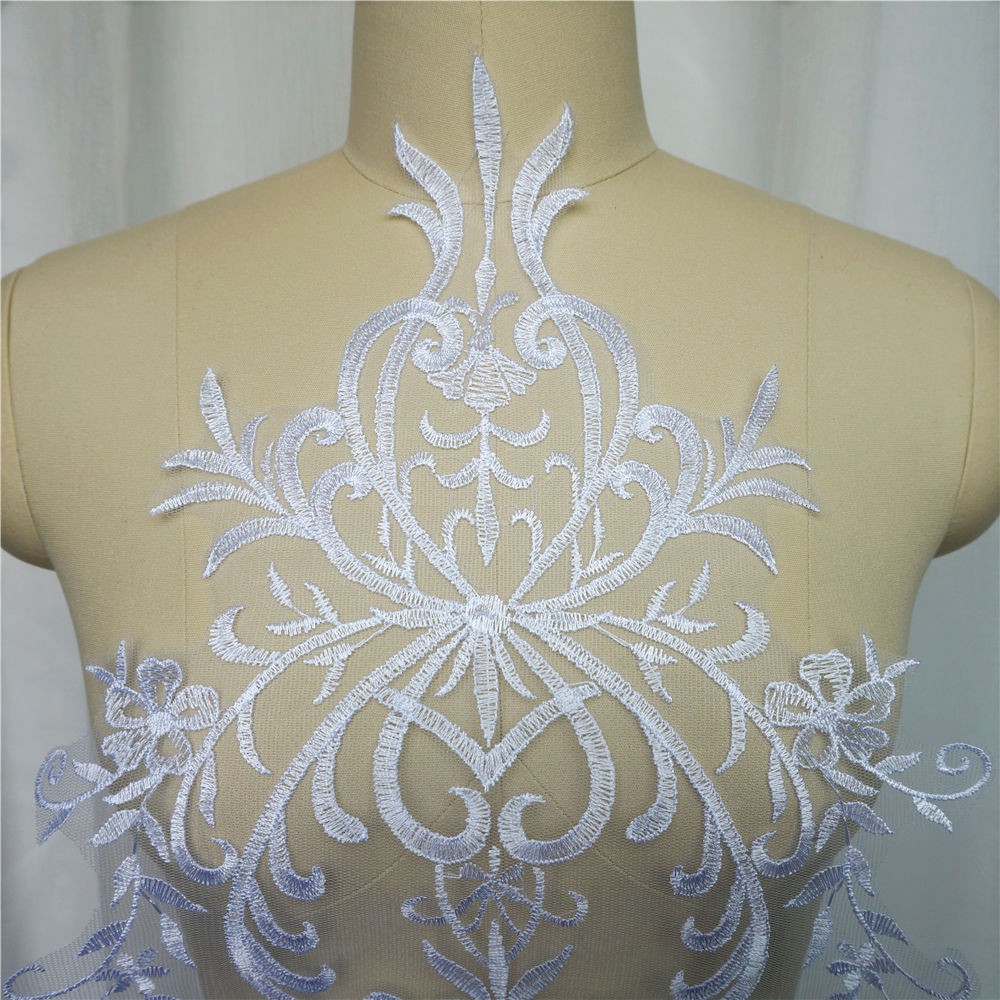 Miếng vải ren trắng thêu hình hoa may áo cưới DIY