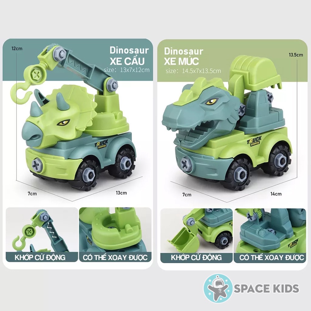 Set 4 xe lắp ghép khủng long công trường, xe ô tô đồ chơi tặng kèm tovit, cờ lê cho bé