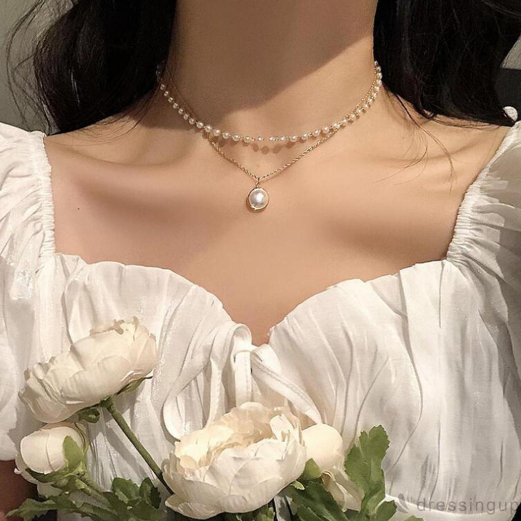 Dây chuyền hợp kim hai lớp đính ngọc trai nhân tạo quà tặng trang sức thời trang cho nữ
