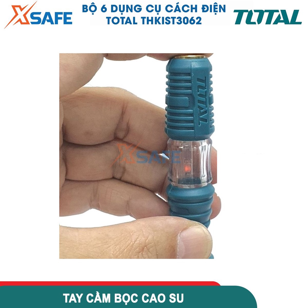 Bộ 6 công cụ cầm tay cách điện 1000V TOTAL THKIST3062 gồm 3 tua vít, 1 kềm răng, 1 kềm cắt cách điện và 1 bút thử điện