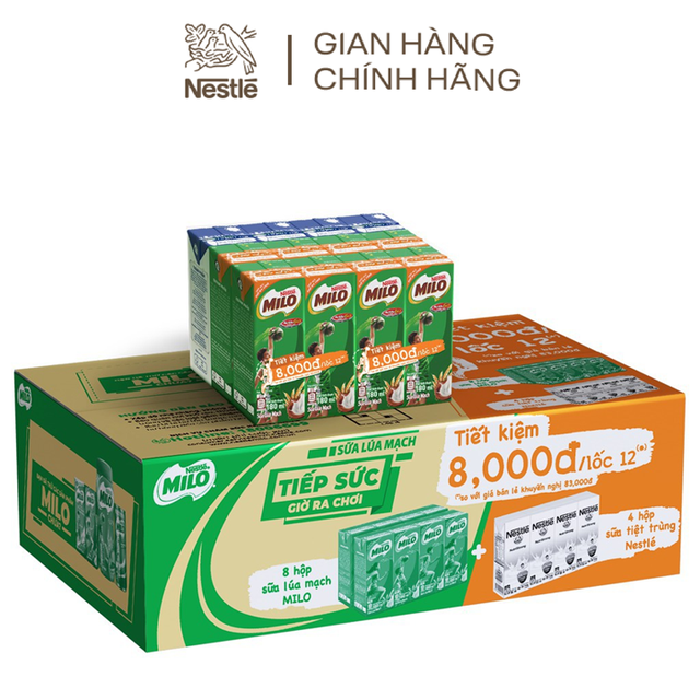 [Mã GRO1NEST22 giảm 15% đơn 150K] Thùng 48 hộp sữa Nestlé MILO + Sữa Nước Có Đường Nestlé - Phiên bản lốc 12 (180ml/hộp)