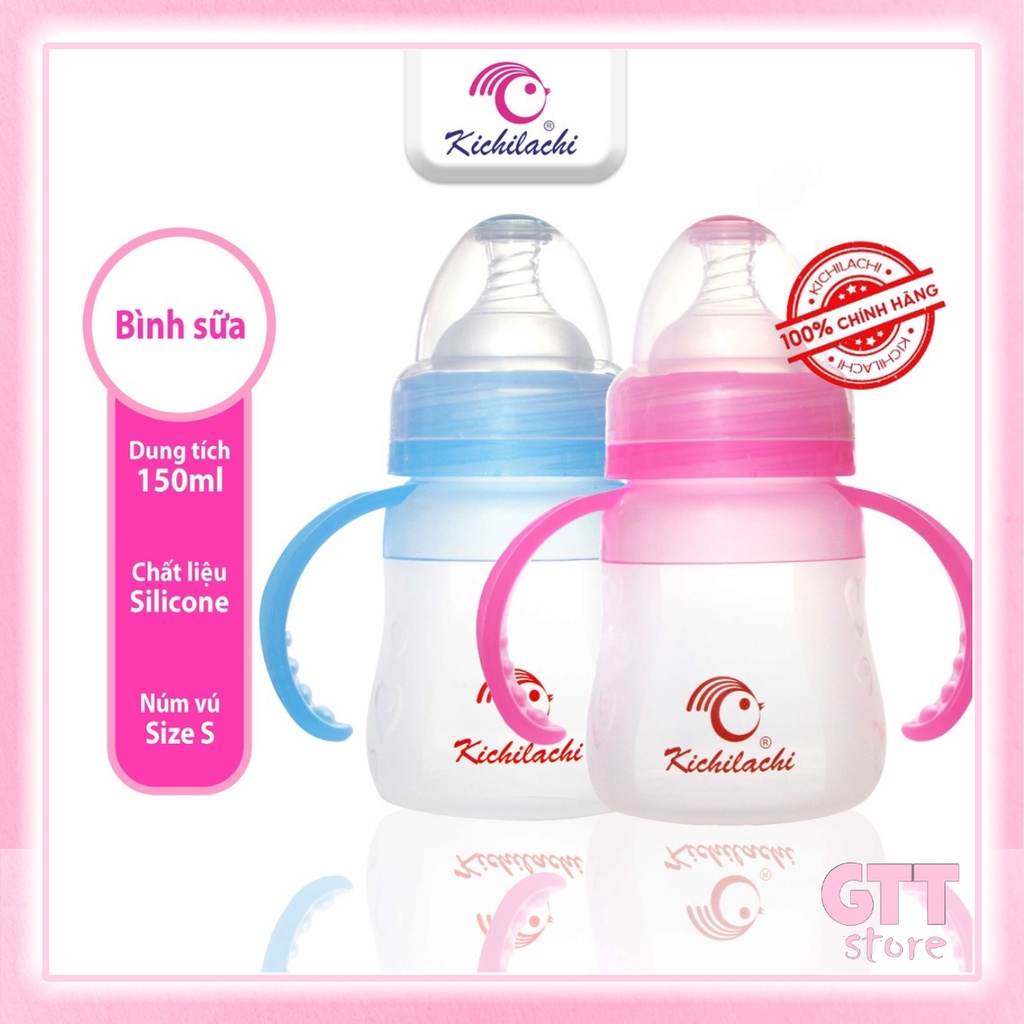 Bình sữa tráng bạc silicone cổ rộng Kichilachi có van chống sặc kèm núm ti siêu mềm 150ml GTT store