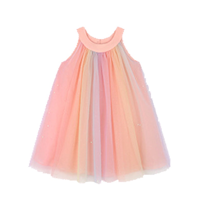 Đầm công chúa hai dây phối lưới màu cầu vồng thời trang mùa hè Hàn Quốc cho bé gái