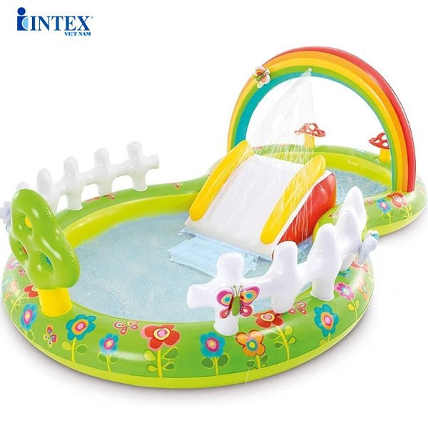 Bể bơi phao chính hãng Intex cầu trượt có vòi phun mưa dài 2m9, rộng 1m8 mã 57154