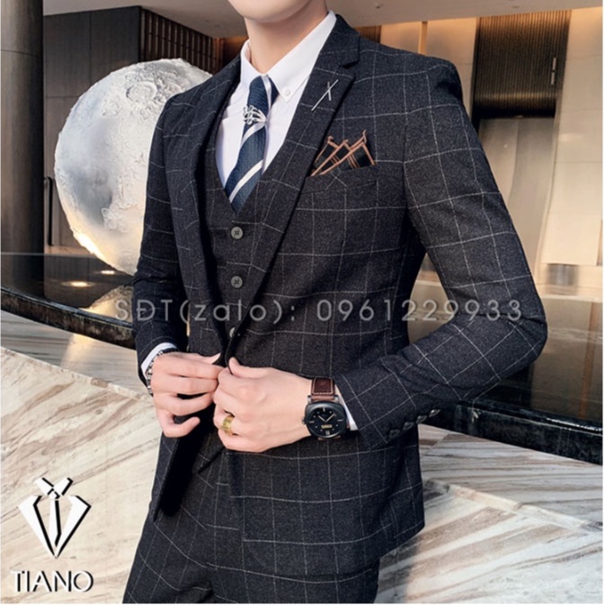 Bộ Vest nam màu ĐEn kẻ ô vuông kiểu dáng hàn quốc body, vải cao cấp 2 lớp.