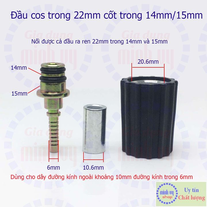 Đầu cos ren trong 22mm cốt trong 14mm/15mm - dùng chung cho 2 loại dây xịt cao áp đường kính trong 6mm