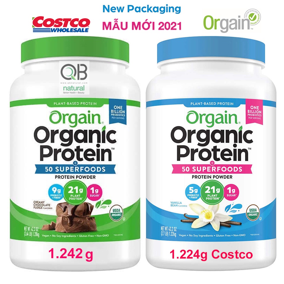 Bột đạm orgain organic protein, bột đạm thực vật hữu cơ 50 superfoods, Chocolate, Vani, Caramel Sea Salt 1.242kg, USA