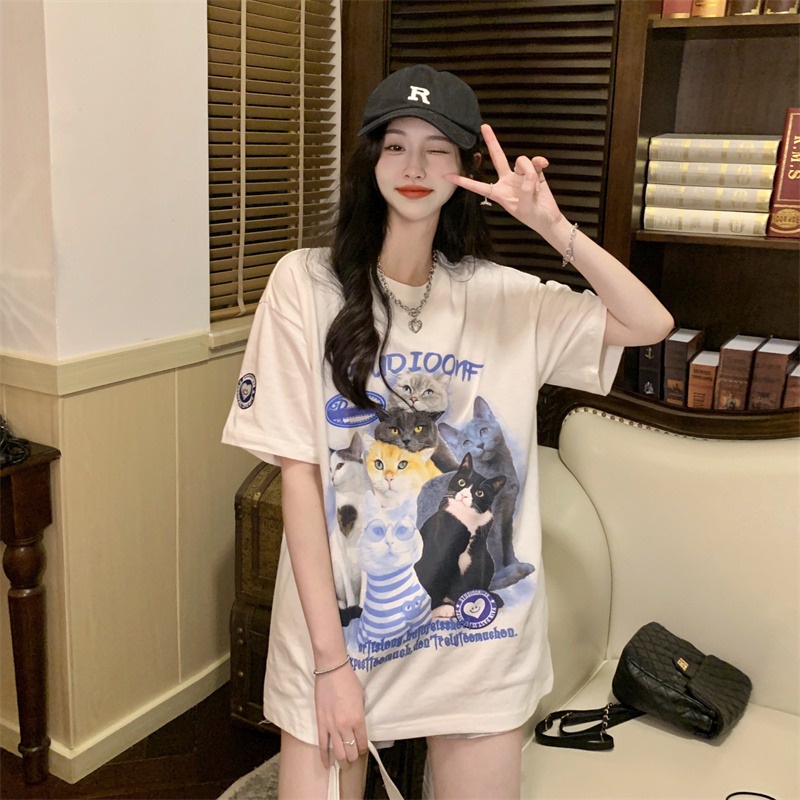 Áo Thun T-shirt Cotton Mềm Co Giãn Tay Ngắn In Hình Mèo Thời Trang Hàn Quốc Cổ Điển Dành Cho Nam Nữ
