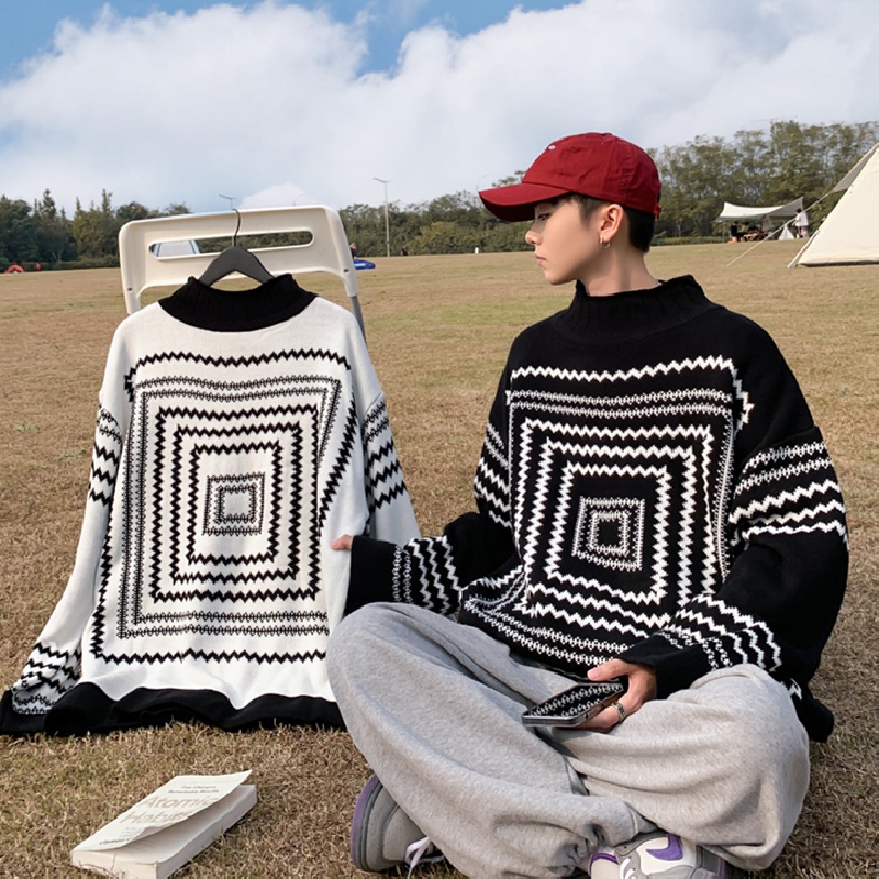 Áo sweater dệt kim tay dài cổ tròn dáng rộng in họa tiết hình học phong cách Nhật Bản thời trang đường phố cho nam size M-2XL