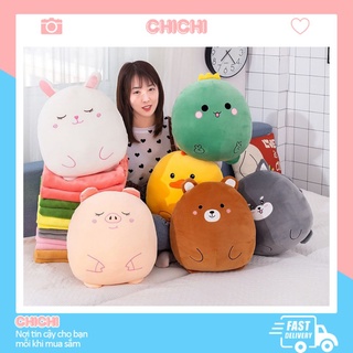 Bộ chăn gối văn phòng hình thú 3 trong 1 siêu đáng yêu gấu bông có mền cute ChiChi GM024