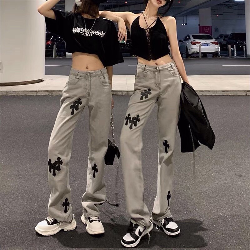 Quần bò jeans ống rộng màu xám khói thêu hình thánh giá chữ thập da nổi hiphop Ulzzang