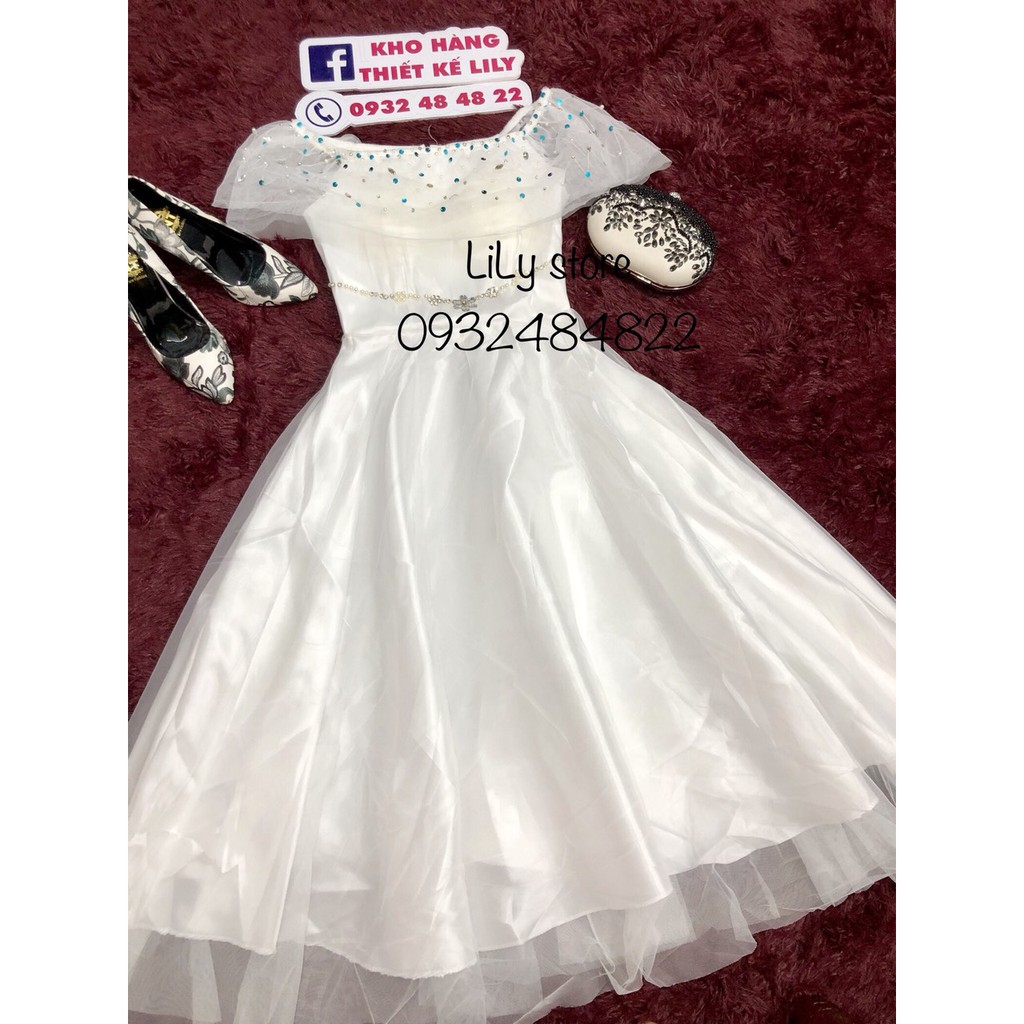 Đầm xoè công chúa bẹt vai kết kim sa treo