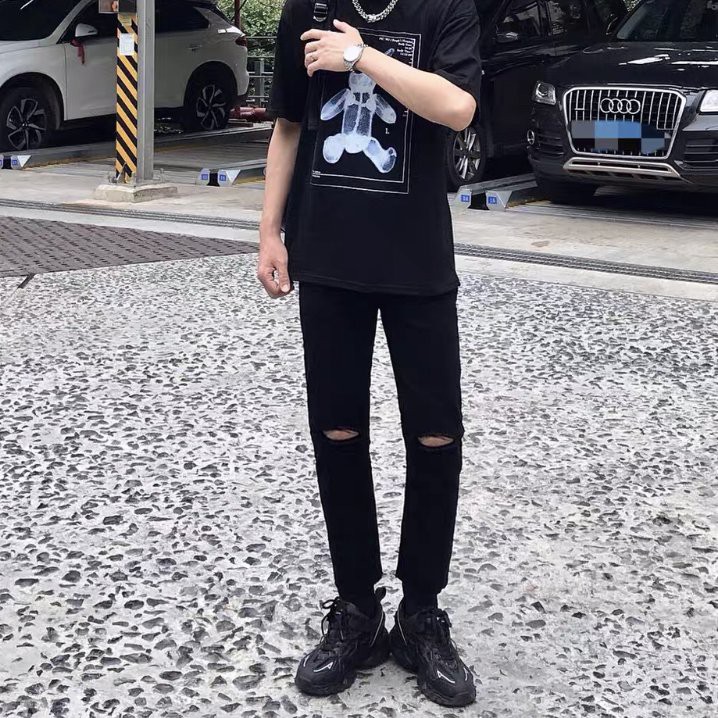 [ Nhìn Là Mê ]  Quần Jean Nam Rách Gối Màu Đen Vải Co Giãn, Không Phai Màu Dáng Skinny Phong Cách Hàn Quốc -T03 | BigBuy360 - bigbuy360.vn