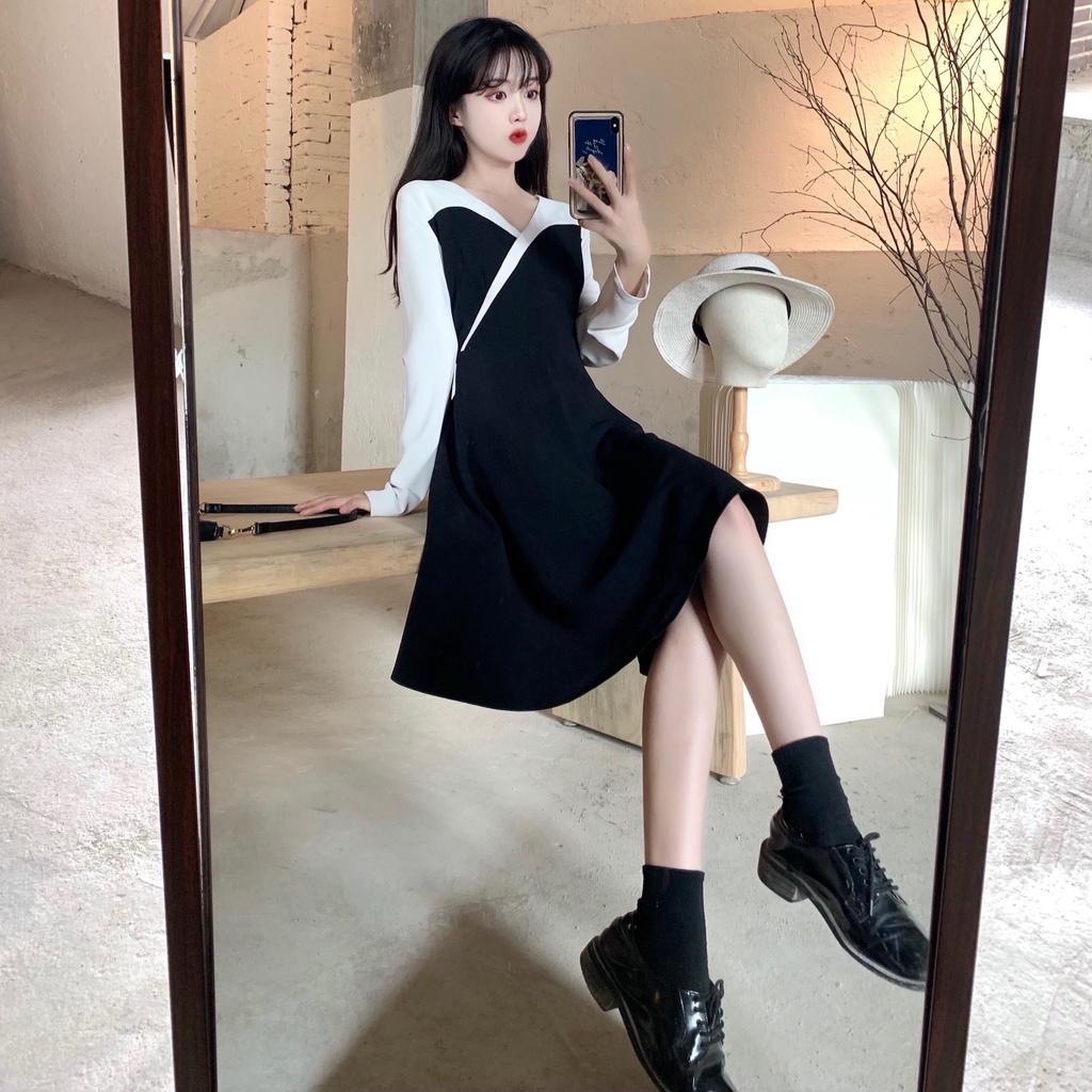 SUXI Đầm ôm Dài Tay Cổ Chữ V Thời Trang Hàn