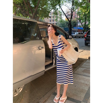 NZN Đầm Dệt Kim Dáng Dài Cổ Tròn Sọc Ca Rô Thời Trang Hàn Quốc Xinh Xắn Cho Nữ