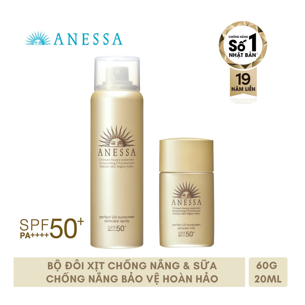 Bộ đôi xịt và sữa chống nắng Anessa kiềm dầu, dưỡng da , tiện lợi (Anesa Gold spray 60g + Gold milk 20ml)