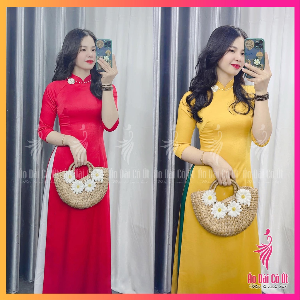 Áo dài nữ truyền thống cổ cao đính hoa vải lụa tây thi