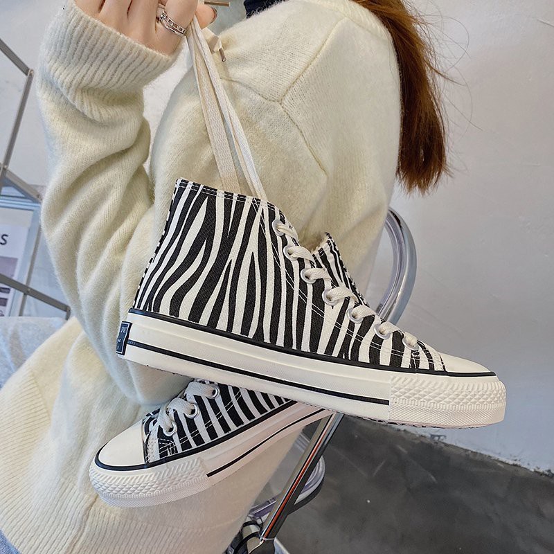 New style canvas stripe high-top canvas shoes for female students Korean casual shoes