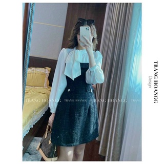 Đầm suông❤️Hình thật 100%❤️Đầm suông dạ tweeds cổ nơ tay phối voan