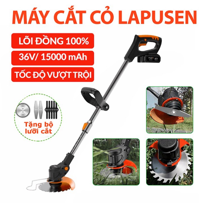 Máy cắt cỏ cầm tay dùng pin lapusen, Tặng kèm 8 lưỡi cắt, 2pin 15000mah