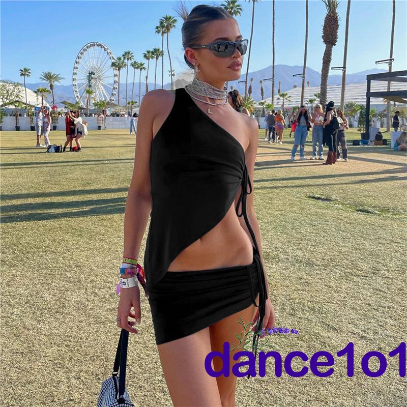 Set Áo Lệch Vai + Chân Váy Ngắn Màu Trơn Khiêu Vũ1O1- Thời Trang Nữ