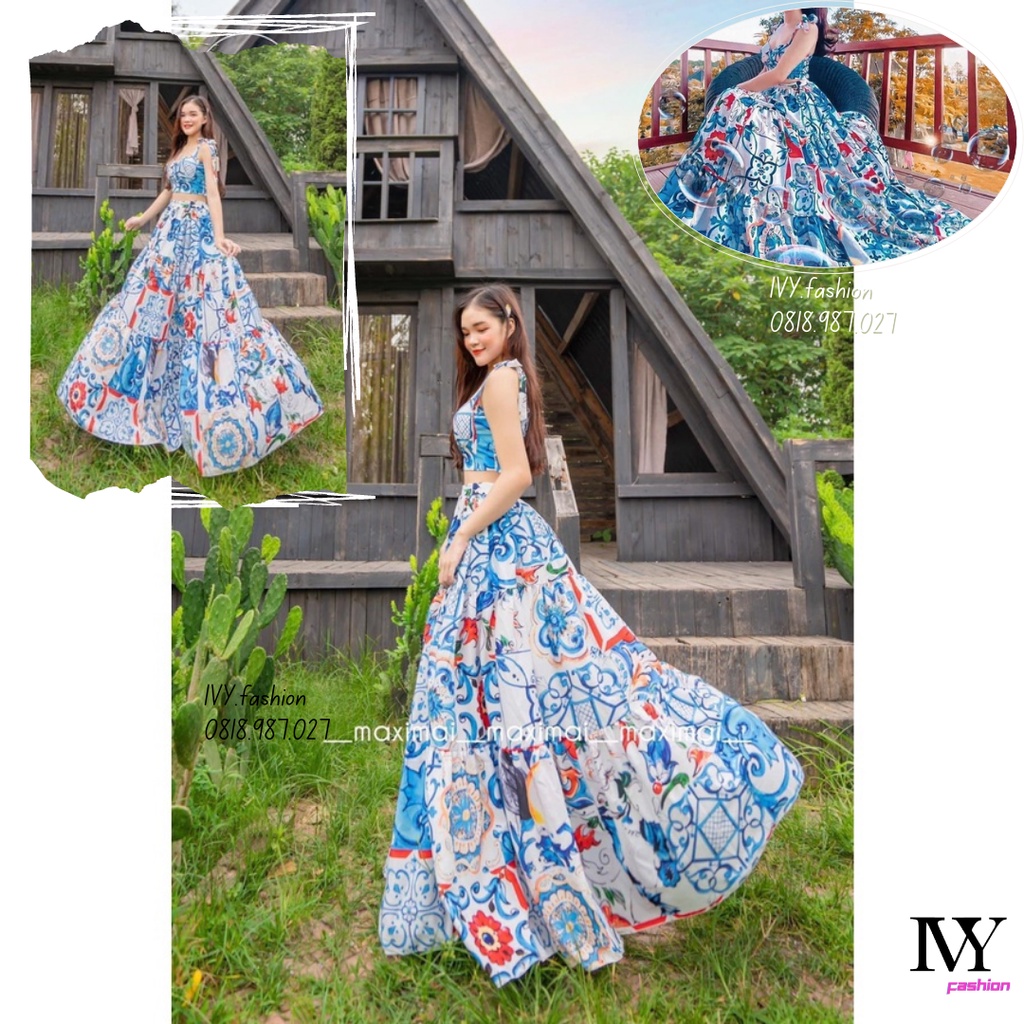 Sét đầm váy maxi 🔥lụa thái🔥 hoạ tiết 2 dây croptop hở eo Ivy.fashion đi biển dự tiệc dạo phố bigsize gợi cảm sexy