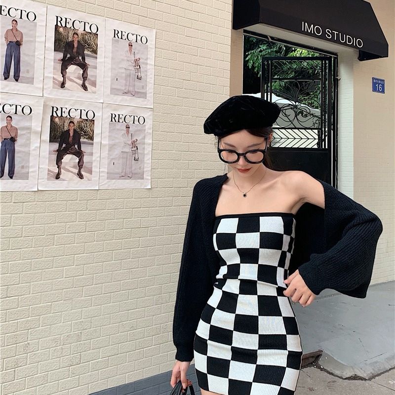 Spring pure desire style slim fitting knitted cardigan sweater + sexy Spice Girl Plaid suspender Hip Wrap Dress Set female