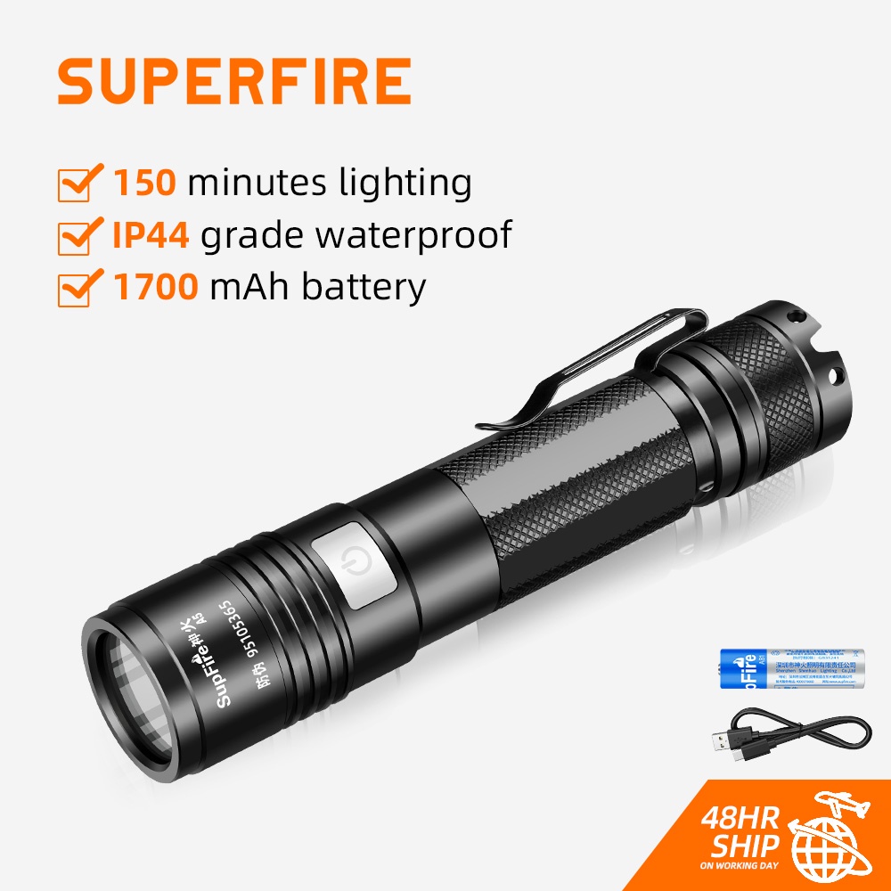 Đèn pin SUPERFIRE A5/A5-l2 siêu sáng bằng hợp kim nhôm chống nước kèm cáp sạc USB tiện dụng