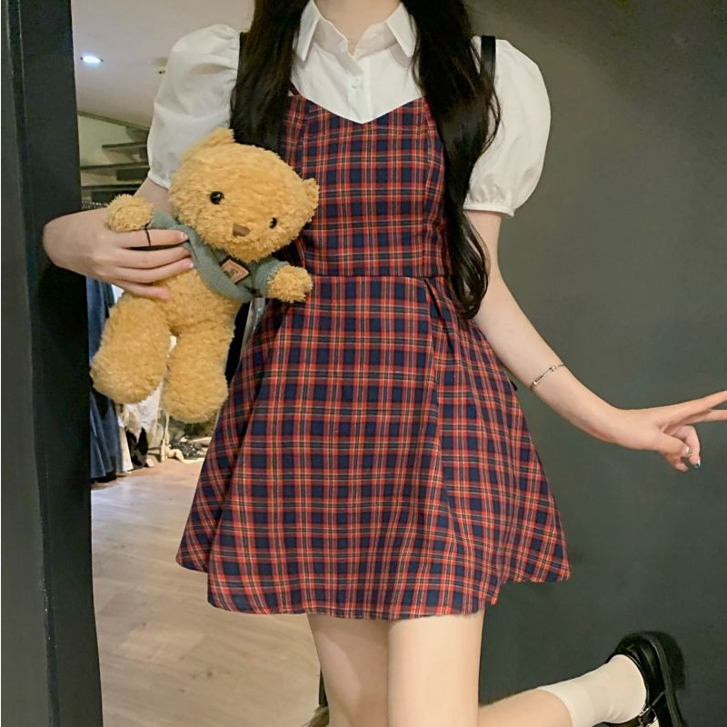 Đầm Tay Phồng Giả Hai Lớp Họa Tiết Sọc Caro Thời Trang Phong Cách Hàn Quốc Cho Nữ