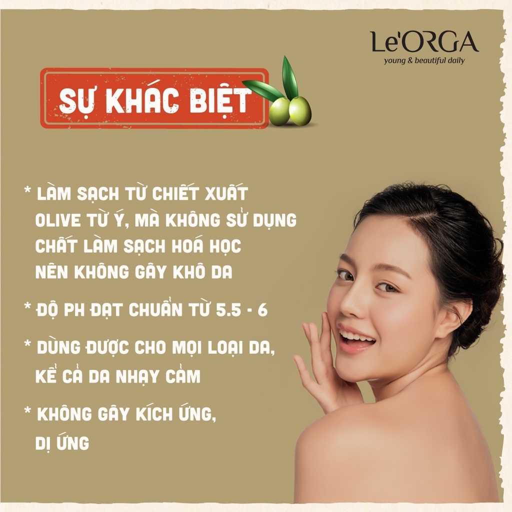 Sữa Rửa Mặt Le'Orga Quả Oliu - Gel làm Sạch Sâu Mềm Mịn, Cho Da Dầu, Mụn, Khô, Hỗn Hợp | BigBuy360 - bigbuy360.vn