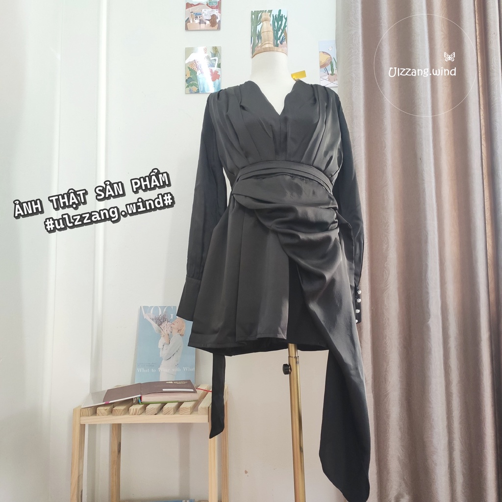 Đầm phi lụa dài tay vạt lệch phong cách Korean style - u.w