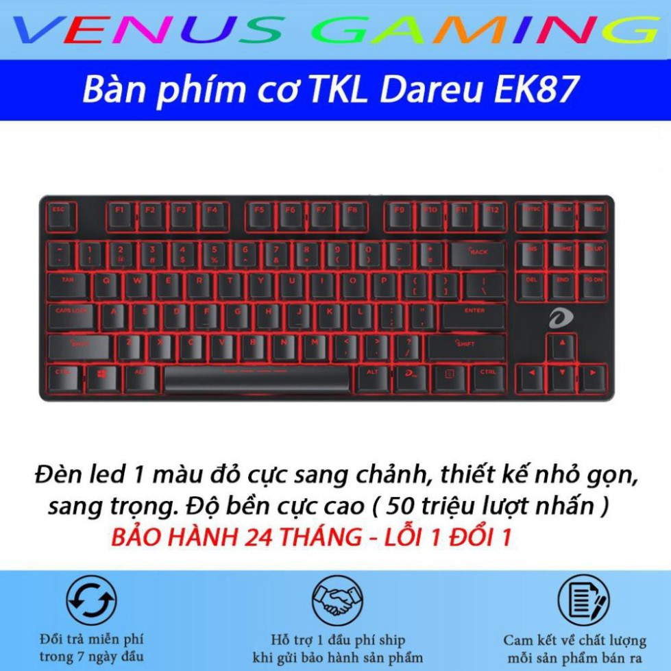 Bàn phím cơ Dareu EK87 - Mã cũ DK87 - Đèn led màu đỏ - Thay được keycap - Bảo hành 24 tháng - Lỗi 1 đổi 1