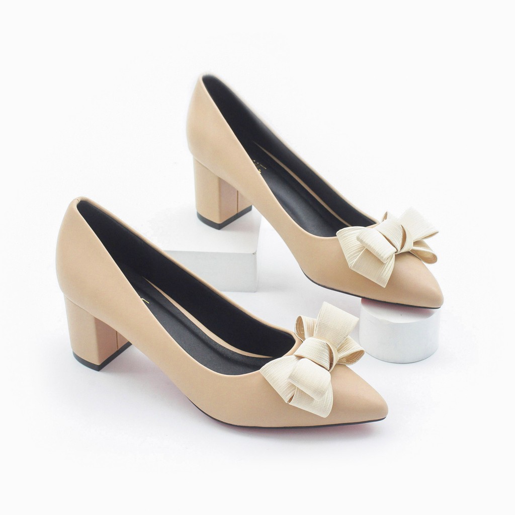Giày Cao Gót 5cm Đế Vuông Mũi Nhọn Nơ Ấu Màu Nâu Đỏ Pixie P284