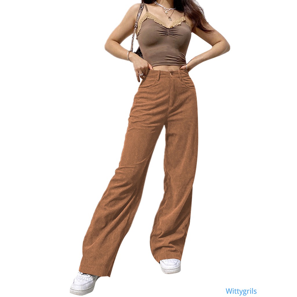 Quần dài ống rộng lưng cao màu trơn size S/ M/ L thời trang dễ phối đồ cho nữ
